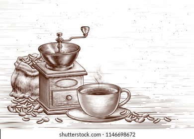 Engraved retro coffee shop background in brown and white
