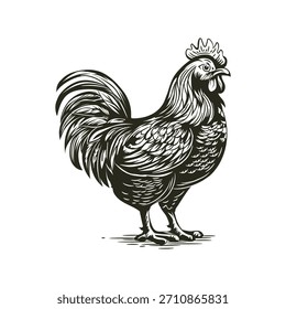 Ilustração de galo gravado Classic Linework Chicken Art para logotipo e design artístico