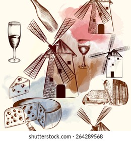 Engraved seamless background with mill, vine, cheese and bread