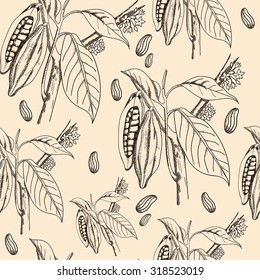 Engraved seamless pattern of leaves and fruits of cocoa beans. Cacao tree, cocoa tree or Theobroma cacao, leaves, fruit and branch vintage engraving.