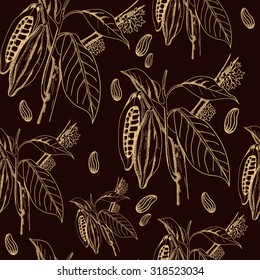 Engraved seamless pattern of leaves and fruits of cocoa beans and tree or Theobroma cacao, leaves, fruit and branch vintage engraving.