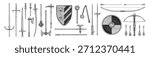 Engraved set of ancient weapons. Different drawing medieval armours swords, daggers, knives, axes and bows with arrows. Old armaments of knights. Hand drawn vector illustrations on white background