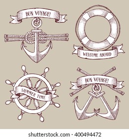 Engraved set of marine icons in vintage style, vector