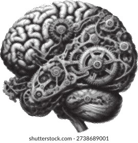 Engraved side view of human brain replaced with intricate mechanical clockwork gears