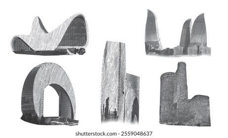 Engraved sketch elements of Baku city. Vector Illustration.