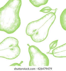 Engraved style drawing seamless pattern with pear. Detailed illustration on white background. Design for textile, paper, wrapping. 