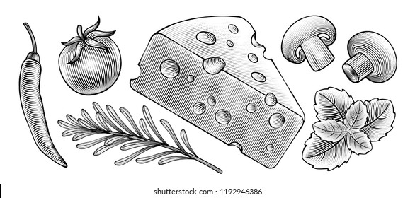 Engraved style food ingredients on chalkboard for design uses