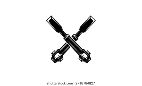 Una ilustración de estilo grabado con dos cinceles de madera cruzados en forma de "X", que simbolizan la artesanía y la carpintería.