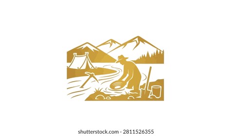 An engraved style illustration of a gold prospector working in a stream with mountains and a tent in the background