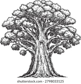 Engraved style illustration, large leafy canopy, sturdy textured trunk, vintage garden plant.