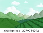 Engraved style tea plantation and mountains landscape background.