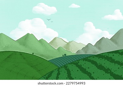 Engraved style tea plantation and mountains landscape background.