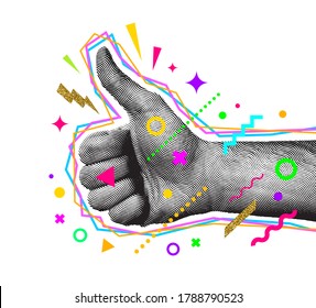 Engraved style thumbs up hand with abstract multicolored shapes. Like gesture hand. Vector illustration.