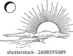 engraved sun and a clouds with moon on the background, isolated vector illustration