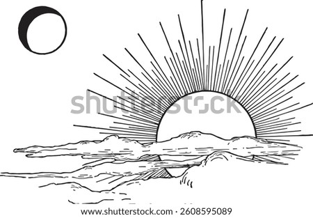 engraved sun and a clouds with moon on the background, isolated vector illustration