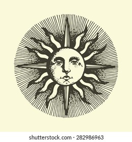 engraved sun with the face. vector illustration