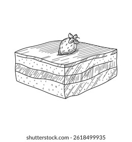 Engraved Tiramisu Cake with strawberry on isolated background. Vector sketch of Italian dessert with mascarpone cheese and chocolate for menu, card, logo, print, sign. Food hand drawn in vintage style