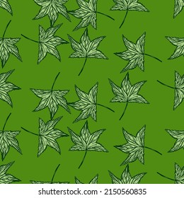 Las hojas de árbol grabadas siguen un patrón sin fisuras. Fondo botánico vintage con follaje en estilo dibujado a mano. Textura de diseño de color repetida vectorial para impresión, tela, envoltura, papel pintado, tejido.
