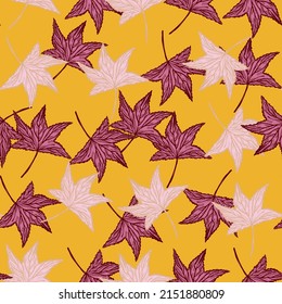 Engraved tree leaves seamless pattern. Vintage background botanical with foliage in hand drawn style. Vector repeated color design texture for print, fabric, wrapping, wallpaper, tissue.