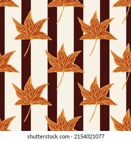 Engraved tree leaves seamless pattern. Vintage background botanical with foliage in hand drawn style. Vector repeated color design texture for print, fabric, wrapping, wallpaper, tissue.