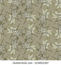 Engraved tree leaves seamless pattern. Vintage background botanical with foliage in hand drawn style. Vector repeated color design texture for print, fabric, wrapping, wallpaper, tissue.