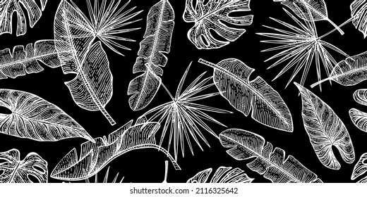 Engraved tropical leaf seamless pattern. Botany texture in hand drawn style. Rainforest black background. Repeated template for fabric, wrapping paper, wallpaper, textile, tissue. Vector illustration.
