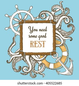 Engraved vacation poster in vintage style, vector