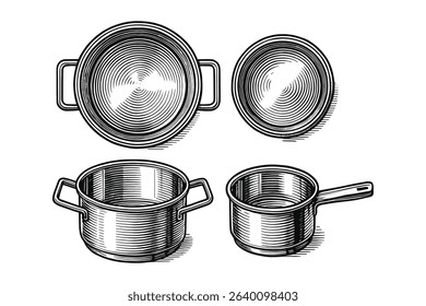 Engraved Vector Cooking Pots and Pans Top View Illustration for Kitchen Design