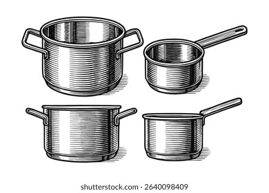 Engraved Vector Cooking Pots and Pans Illustration for Kitchenware Design