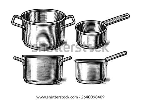 Engraved Vector Cooking Pots and Pans Illustration for Kitchenware Design