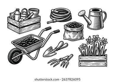 Engraved Vector Gardening Tools Set Illustration with Wheelbarrow and Planter Box