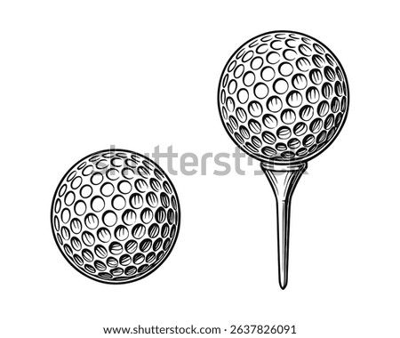 Engraved Vector Golf Ball on Tee and Loose Illustration Sport Equipment Design