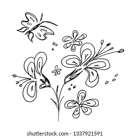 Engraved Vector Hand Drawn Illustrations Set Of Abstract Flowers With Butterfly Isolated on White. Hand Drawn Sketch of a Flowers.