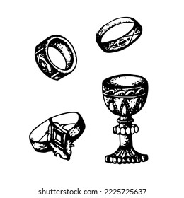 Engraved vector illustration. Black and white vintage art. Hand drawn ink sketch of antique chalice and bronze rings for royal ceremonies. Symbol of kings and nobility. Sketch for tattoo, fairy tales,