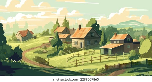 Engraved Vector Illustration of Serene Countryside Farm Landscape