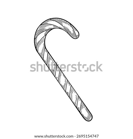 Engraved vector illustration of a striped Candy cane in vintage style. Drawing of Lollipop for Christmas greeting cards or New Year invitations. Art of sweet dessert for Xmas design painted by inks.