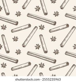 Engraved vector repeating background with Cinnamon sticks, bark brown spice. Hand drawn seamless pattern with rolled cinnamons, flower. Spicy seasoning, condiment aromatic ingredient. For print