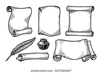 Engraved Vector Scrolls and Quill Illustration on White Background