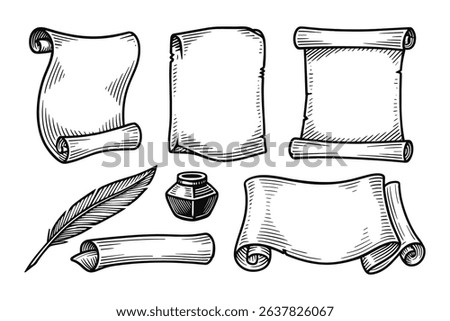Engraved Vector Scrolls and Quill Illustration on White Background