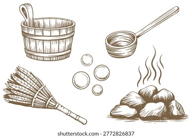 Engraved vector set featuring classic sauna bucket water dipper and steam rising from hot rocks. Vintage bathhouse accessories.