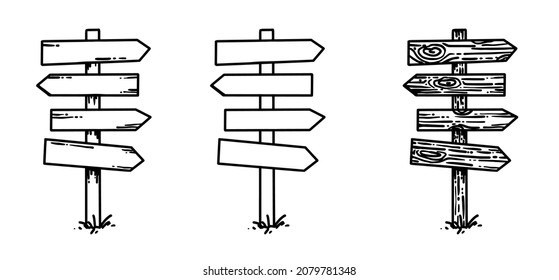 Engraved vector sign post board set doodle style black and white monochrome art. Information blank label arrows.