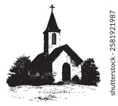 engraved village church vector drawing for historical designs