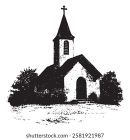 engraved village church vector drawing for historical designs