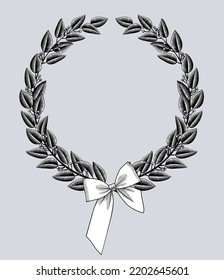 Engraved vintage black and white drawing of a laurel wreath with a bow. Winner sign and banner. Vector illustration