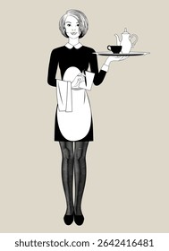 Engraved vintage black and white drawing of a young blonde girl waitress in uniform with a napkin and notebook in her hand holding  a round tray with coffee or tea pot and cup. Vector illustration