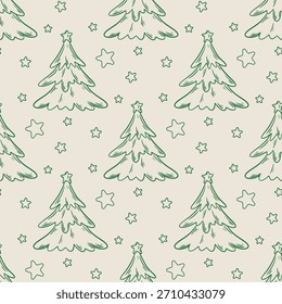 Engraved vintage Christmas seamless pattern. Background with sketch of green fir trees and stars. Retro nostalgic atmospheric print for textiles, paper, packaging and design. Vector graphic