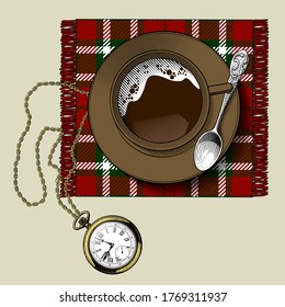 Engraved vintage color drawing of a cup of tea on a saucer, small spoon, tartan table napkin and old pocket watch on a chain. Vector illustration