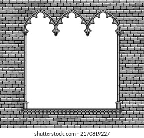 Engraved vintage drawing of a classic gothic architectural decorative tripartite frame on a brick wall background. Vector illustration