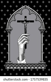 Engraved vintage drawing of a female hand with a cross in a classic gothic architectural decorative frame. Vector illustration