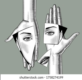 Engraved vintage drawing of fragments of a broken mirror with a reflection of a female face on female hands. Vector Illustration svg